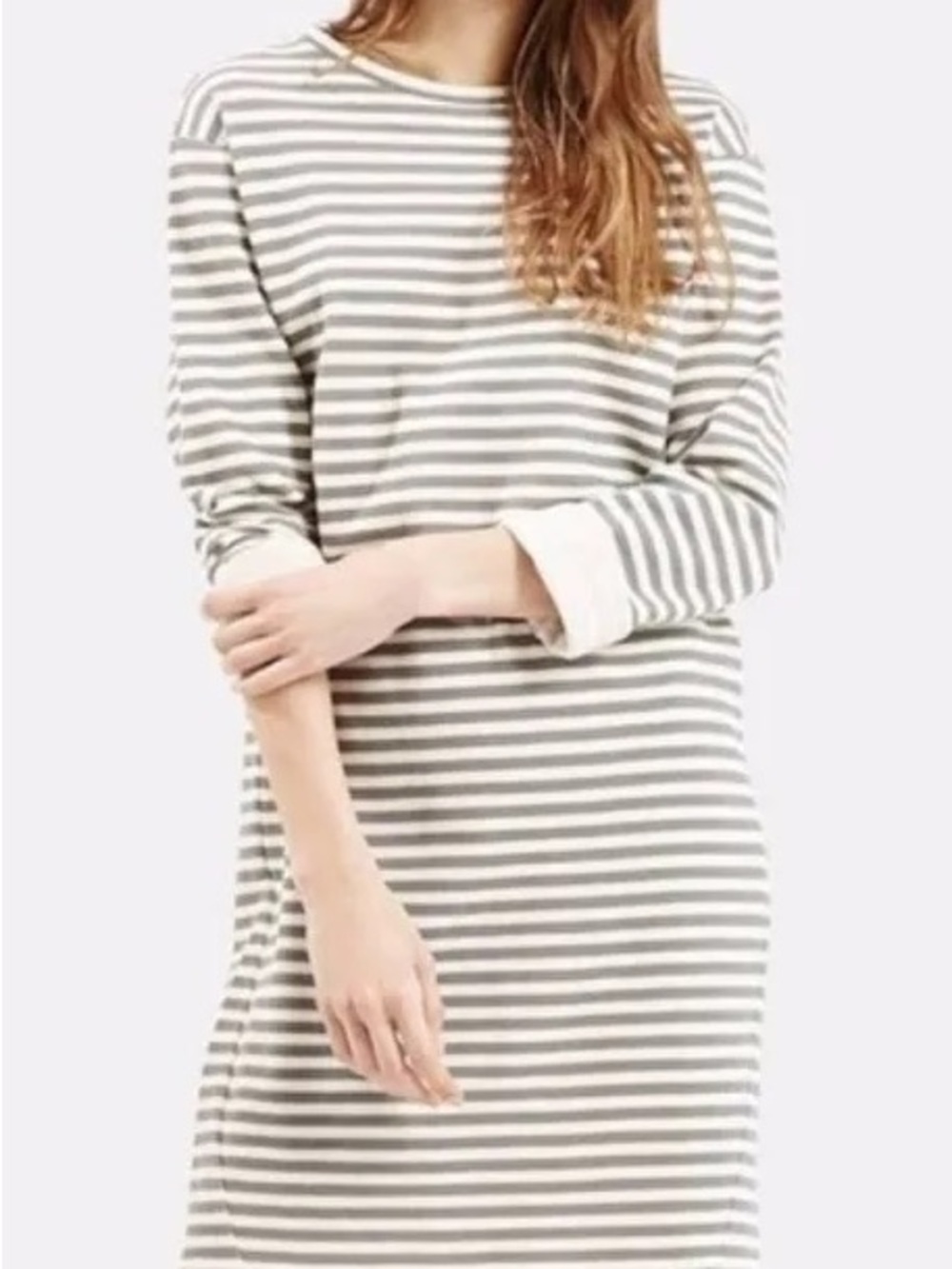 Topshop Grey and White Striped Long-Sleeve Dress